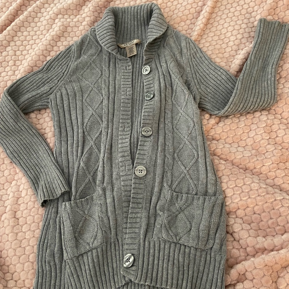 Gray cardigan.